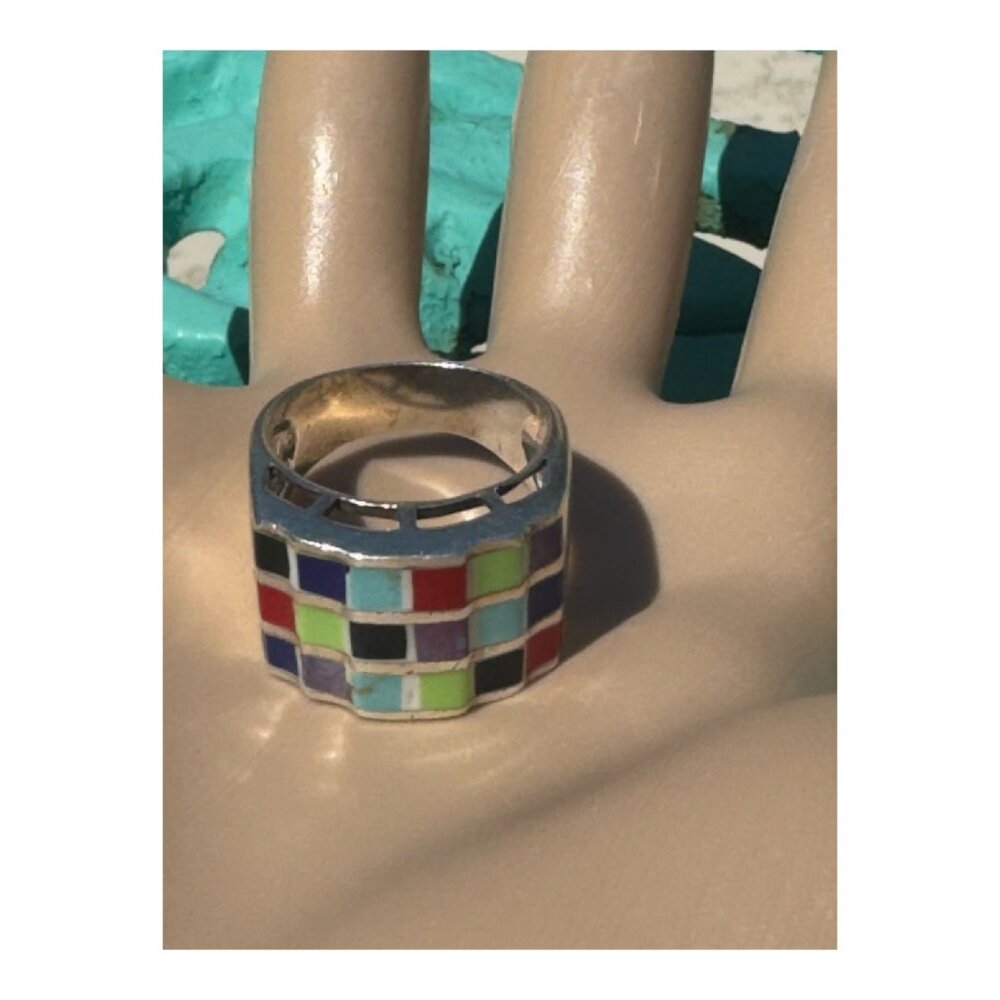 Vintage 70s 925 Silver Multicolor Multi Stones Mosaic Ring size 8 - Picture 7 of 10